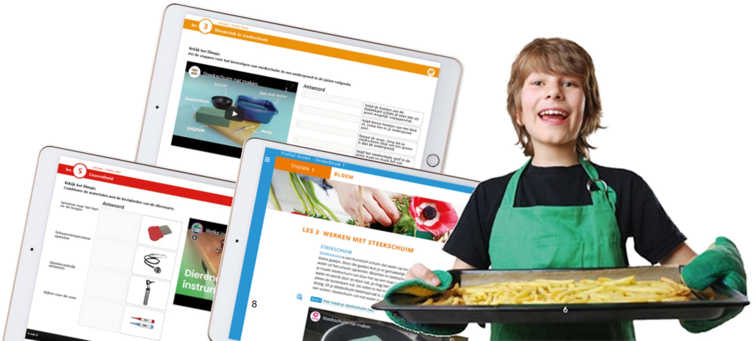Praktijkopdrachten en online omgeving bij Profiel groen onderbouw jongen met patat frites